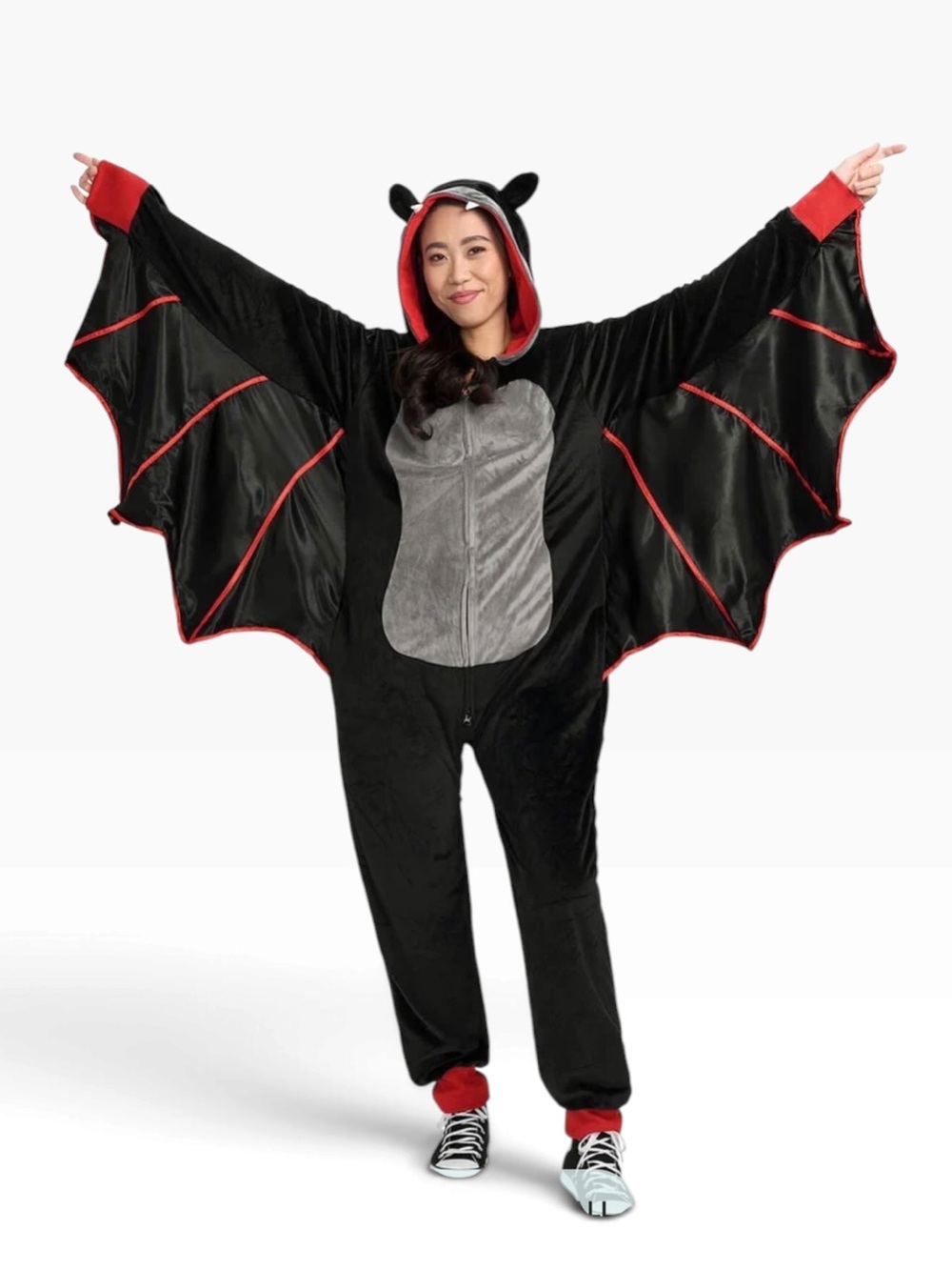 Tipsy Elves Black and Red Bat Onesie with Gray Belly